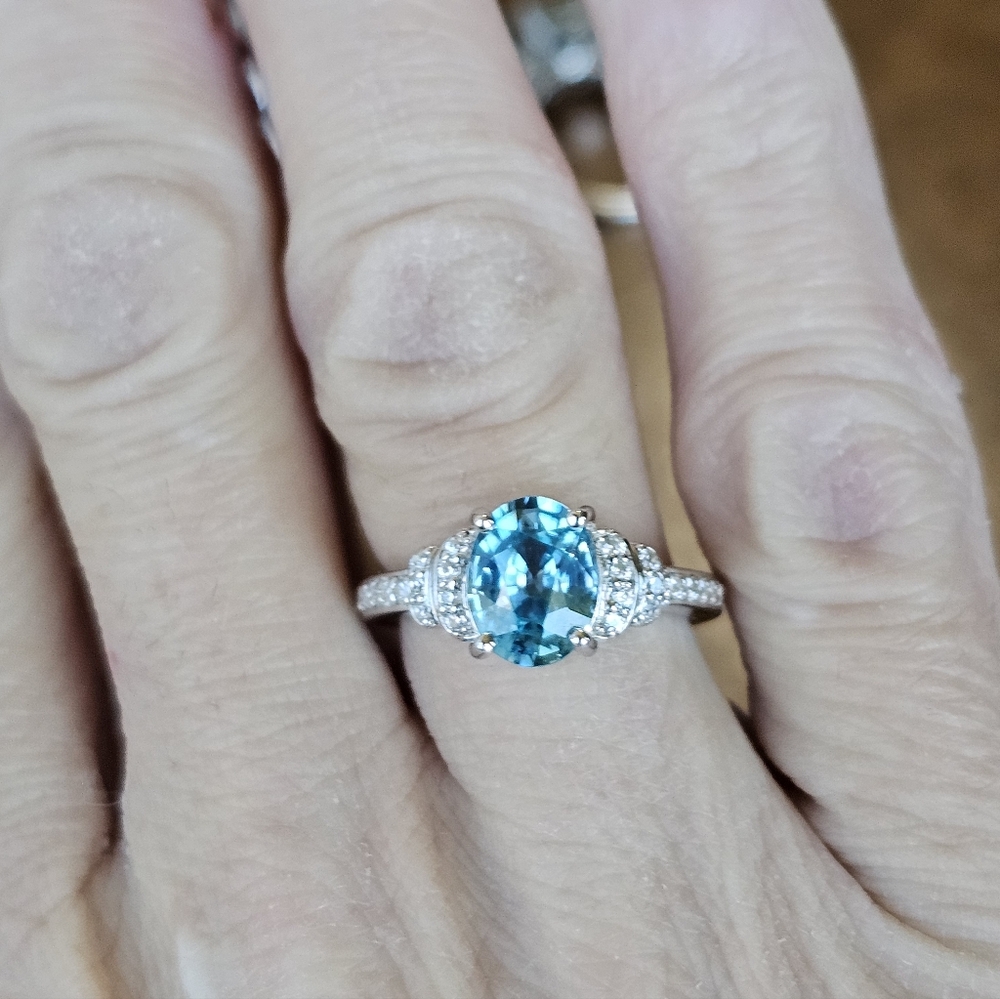 Natural Cambodian Blue Zircon & White Zircon Ring Sterling Silver Size 6 - Picture 8 of 10